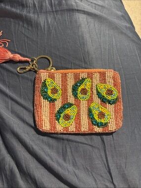 Anthropologie Beaded Avocado Pattern Coin Pouch - Pink/Coral